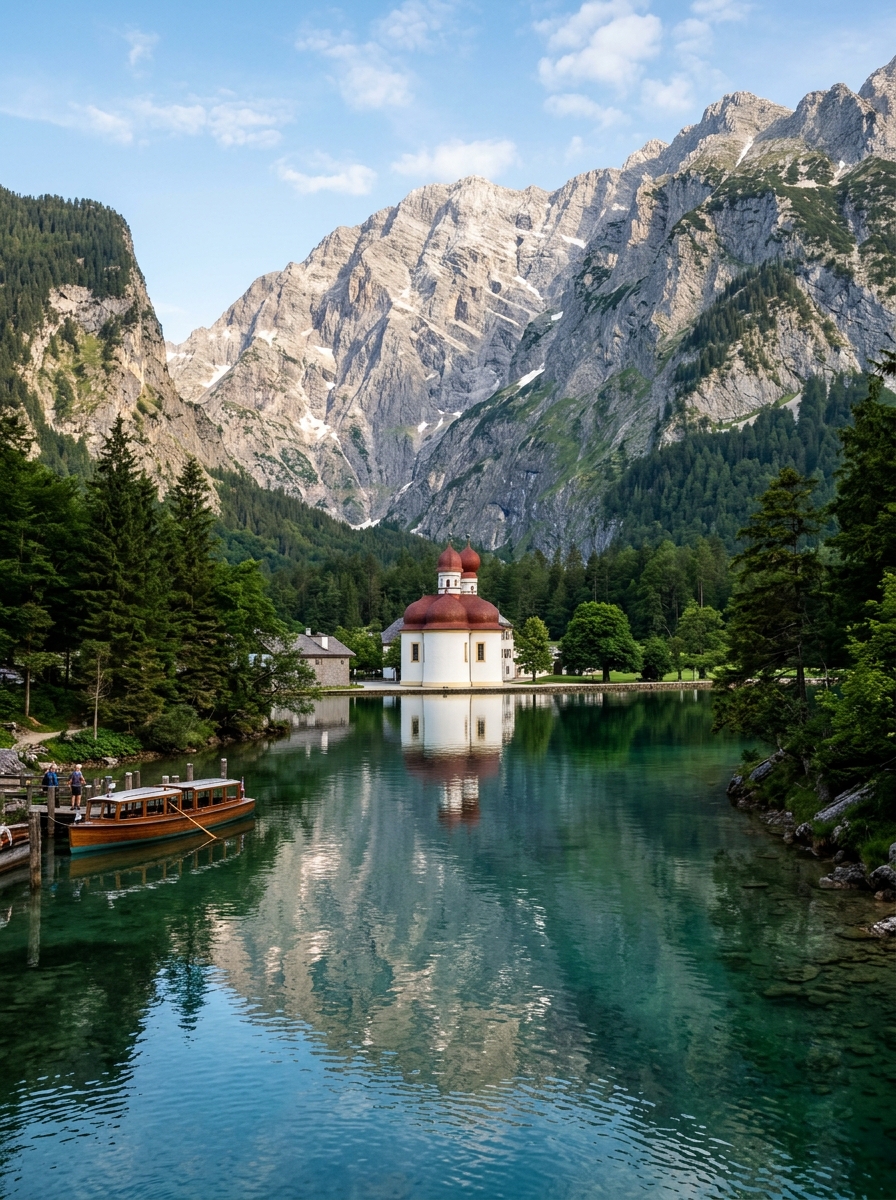 St. Bartholomä church at Lake Königssee with Watzmann mountain reflection